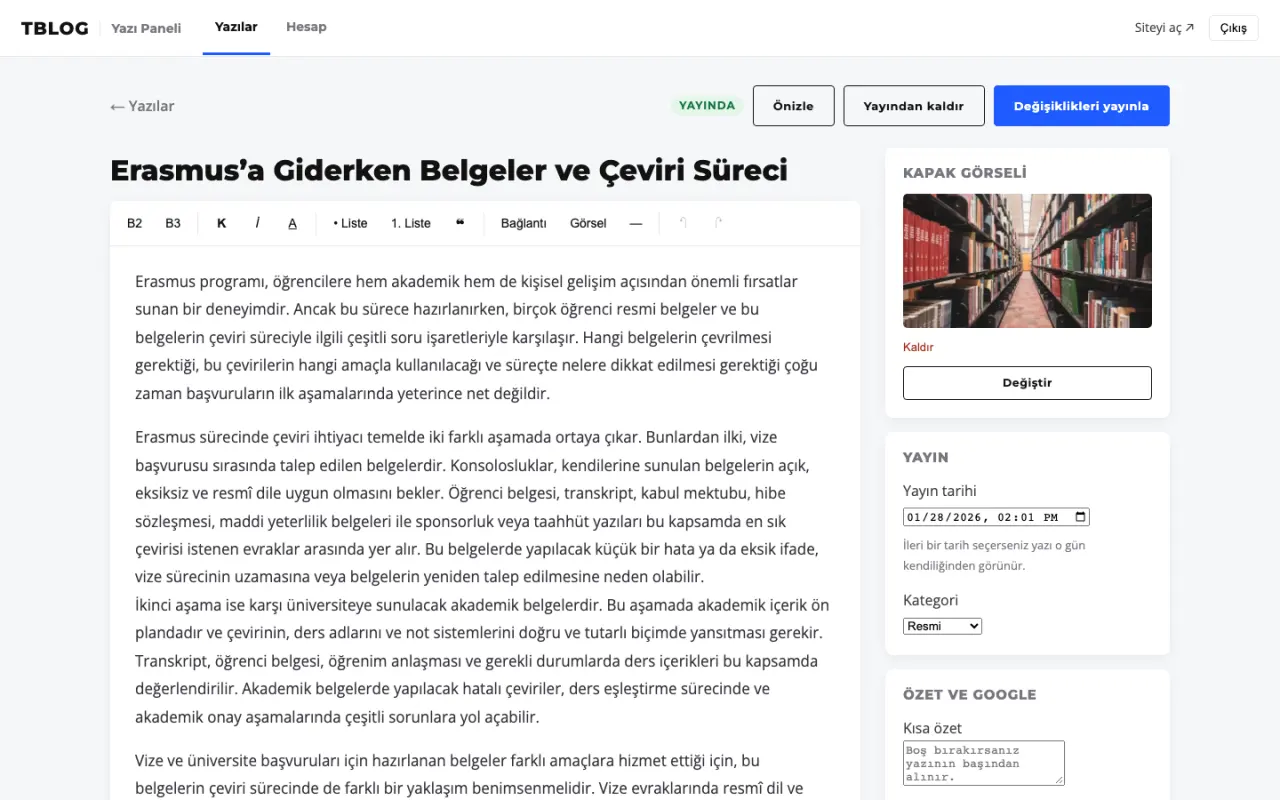 Yazı düzenleme ekranı